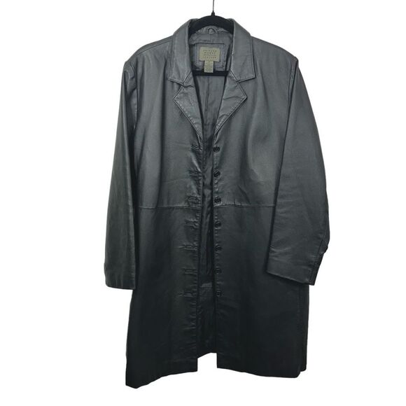 VTG John Paul Richard Black Leather Long Line Button Front Trench Coat, Size 18 - Picture 2 of 4